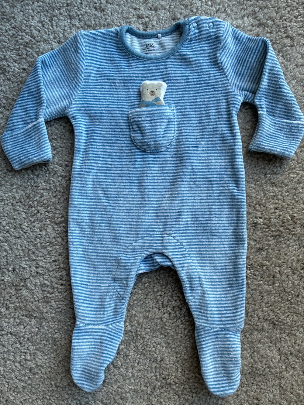 M&S Blue Striped Velour Footed Baby One-Piece with Bear Pocket